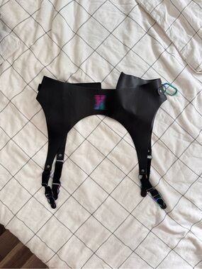Savage X Fenty Black Faux Leather Garter Harness with Iridescent Hardware